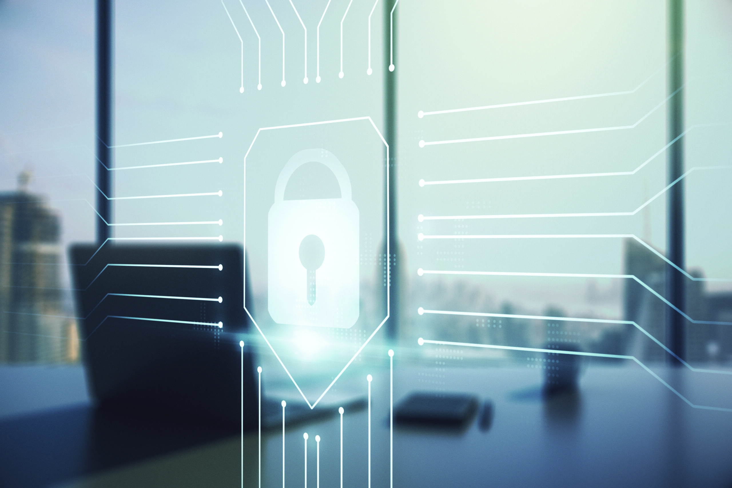 Creative lock sketch with chip hologram and modern desk with computer on background, protection of personal data concept. Multiexposure