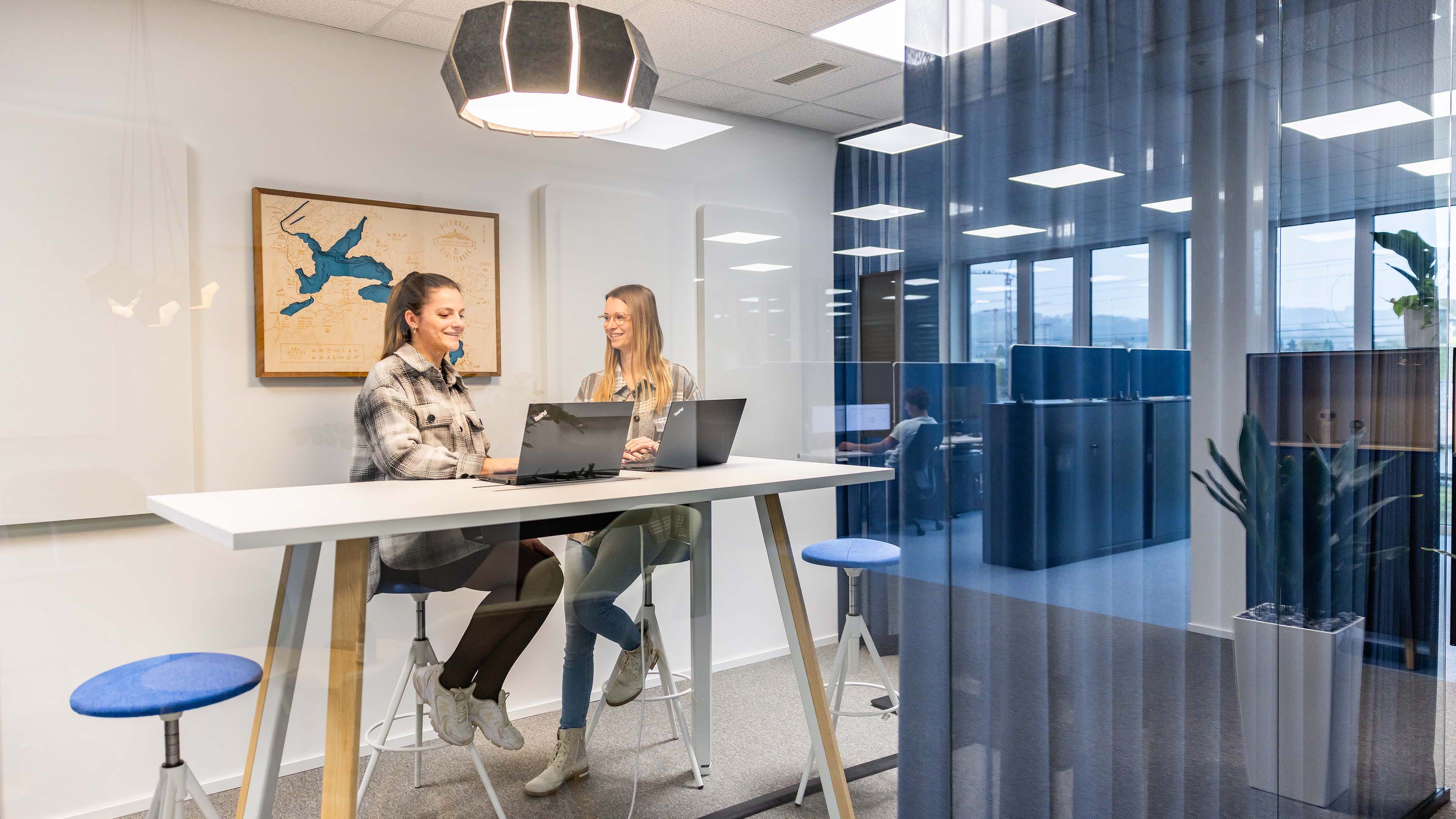 Two employees are sitting in a bright meeting room and talking. There are two laptops on the table.