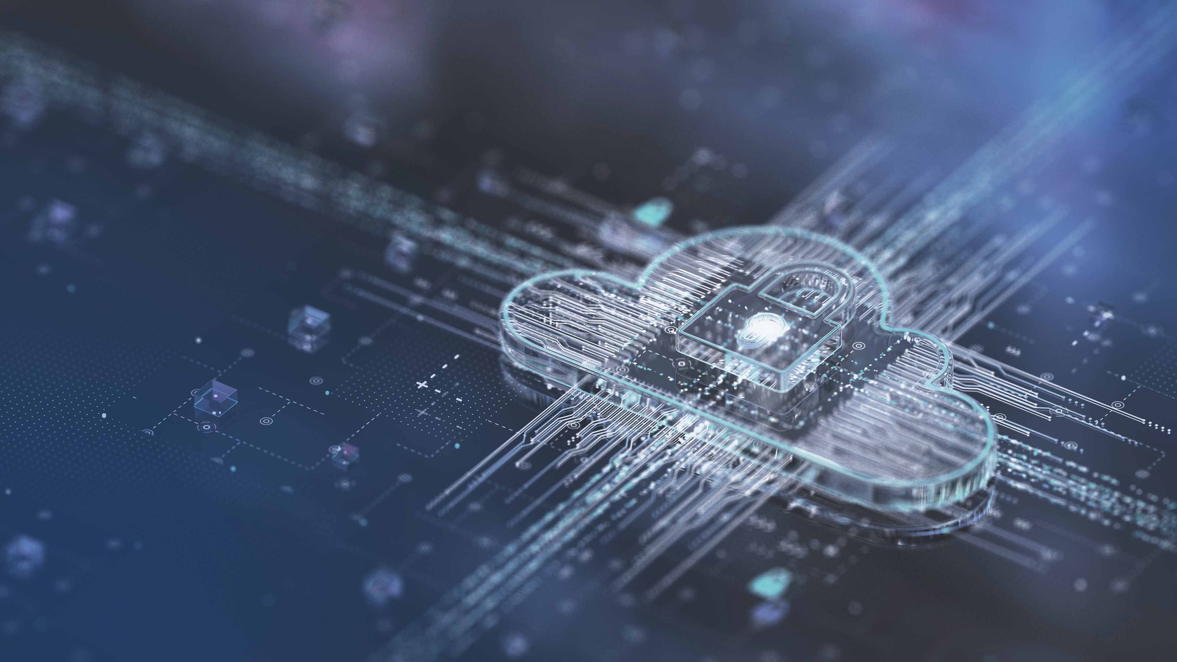 Illustration einer Cloud mit Schloss-Symbol, die für Datensicherheit in der Voicepoint Cloud steht. Am Bildrand sind blaue Farbverläufe sichtbar.