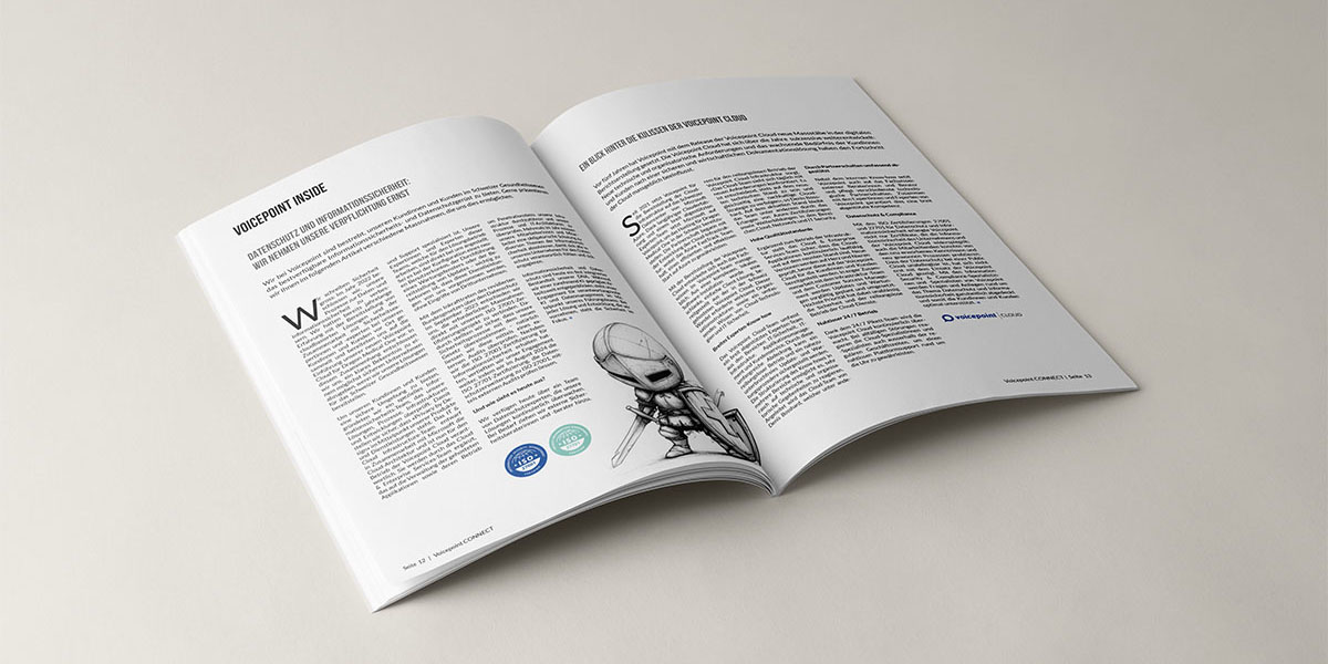 Open customer magazine showing multi-column text, a knight illustration, and ISO certification badges.