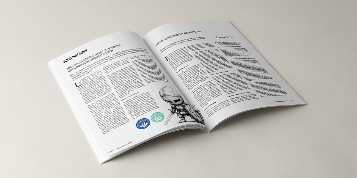 Magazine client ouvert, dans lequel on peut voir un texte sur plusieurs colonnes, une illustration de chevalier et les badges des certifications ISO.