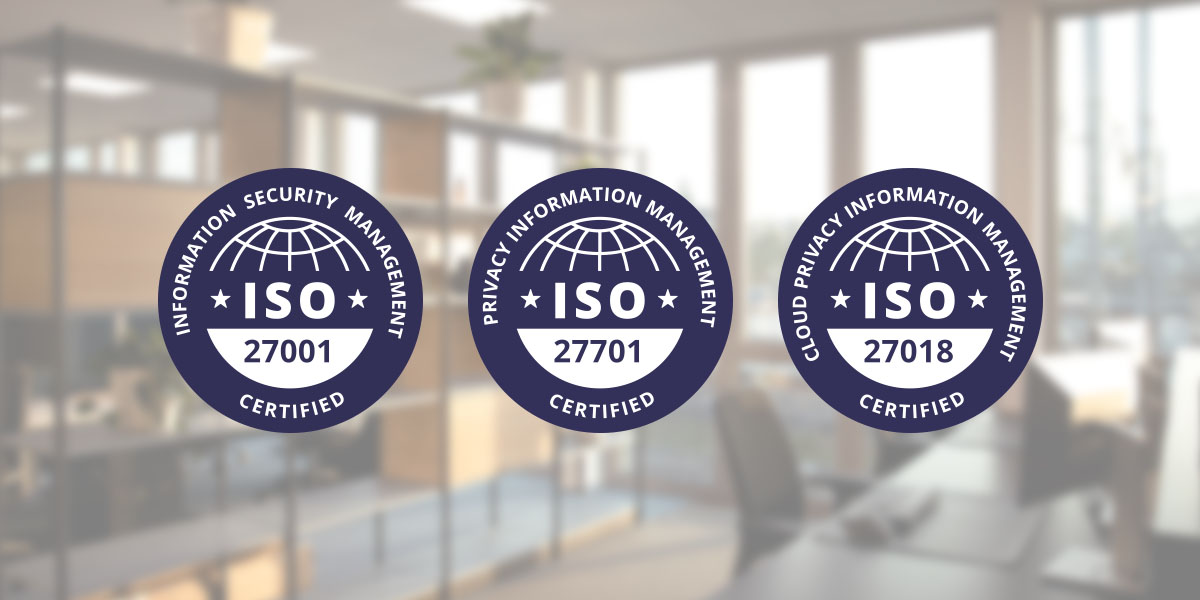 Certification badge for ISO 27001, ISO 27701, and ISO 27018. Office space is visible in the background.