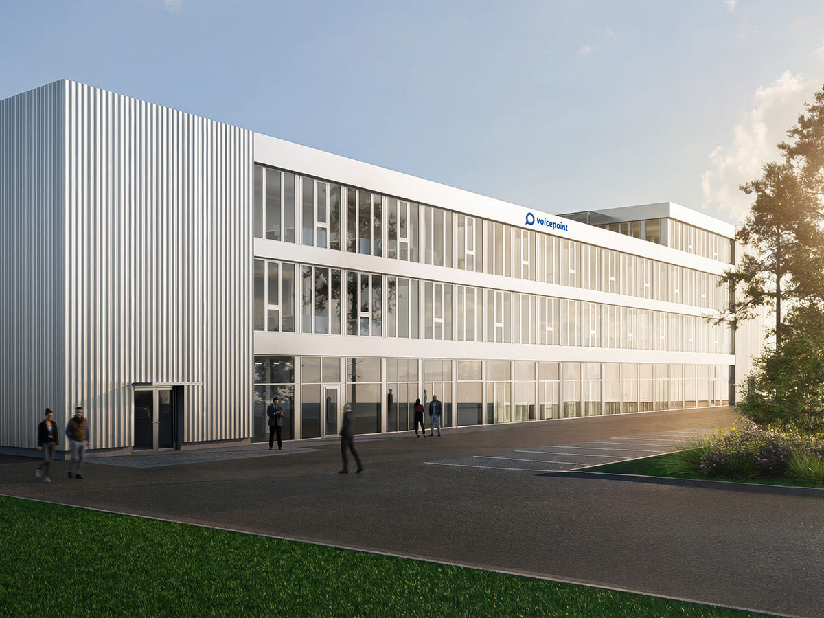 Vue extérieure du bâtiment de la société Voicepoint AG, image symbolique du traitement complet, du conseil à l'assistance, par un seul et même prestataire.