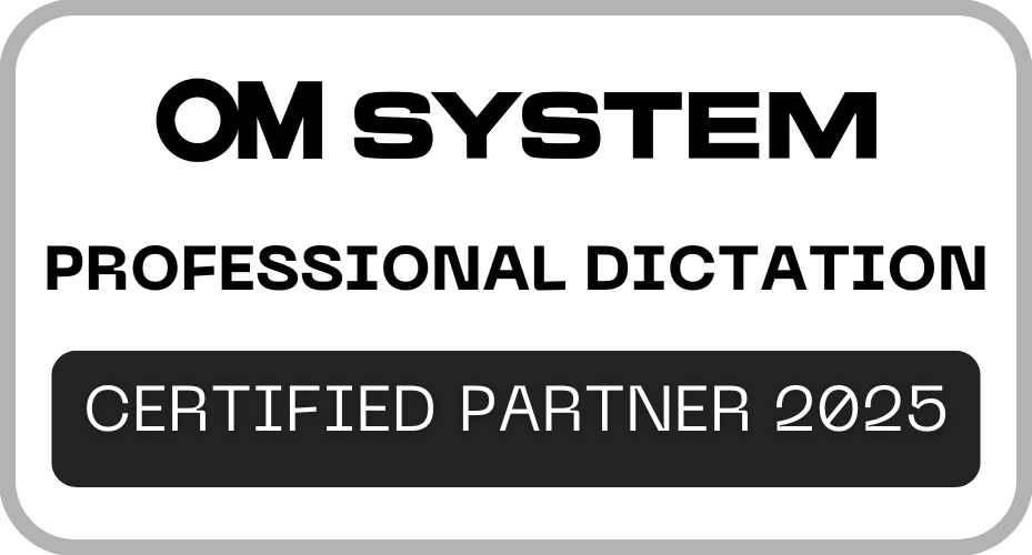 Logo von OM SYSTEM mit dem Text «Professional Dictation – Certified Partner 2025»