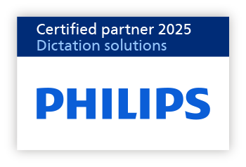 Logo von Philips mit dem Text «Certified Partner 2025 – Dictation Solutions»